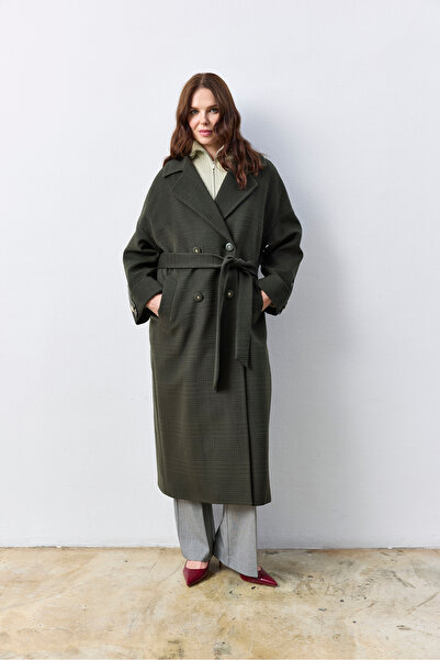 KENT Oversize Green Long Coat with Belt, Self-Textured Fabric