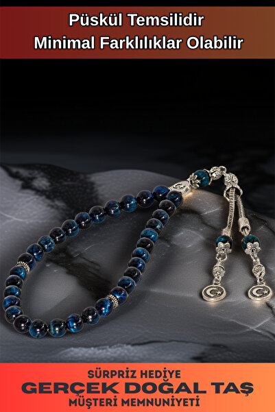 OSMANLI GÜMÜŞ Erkek Doğal Taş Tespih - Doğal Lacivert Parlament Mavisi Kaplangözü Taşlı Ortaboy Tesbih