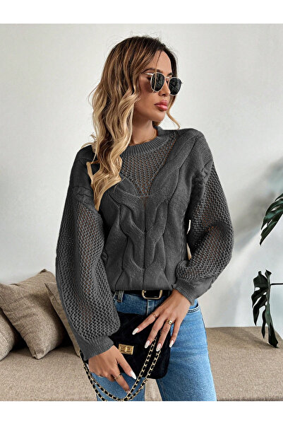 AQE FASHION Tricotaj pentru femei cu mâneci ajurate, cu model din plasă, cu gât cu decolteu, tricotaj pentru păr, pulover, antracit