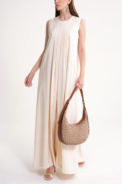 SOCIETA Ekru Pile detaylı bol kesim keten elbise 94653