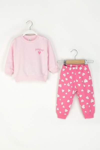 ww waka waka kids store Girl's Heart Printed Tracksuit Set – Pink & Red & Salmon