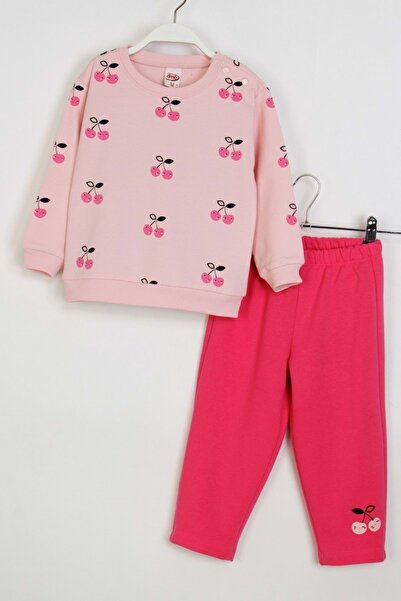 ww waka waka kids store Girl's Cherry Printed Tracksuit Set – Powder & Red