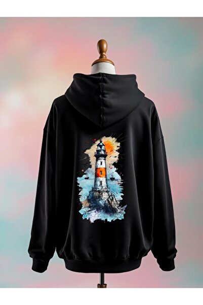 Vordevia سويت شيرت أسود كبير الحجم مصنوع من القطن بطبعة منارة بحرية