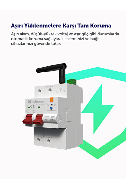Hybrone Akıllı Wi-Fi C Tipi 63A 2P Otomatik Sigorta - Akım Koruma Rölesi