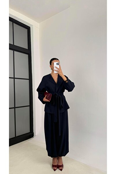 Gaus Lacivert Astarlı Kuşaklı Ceket Beli Lastikli Cepli Şalvar Premium İkili ...