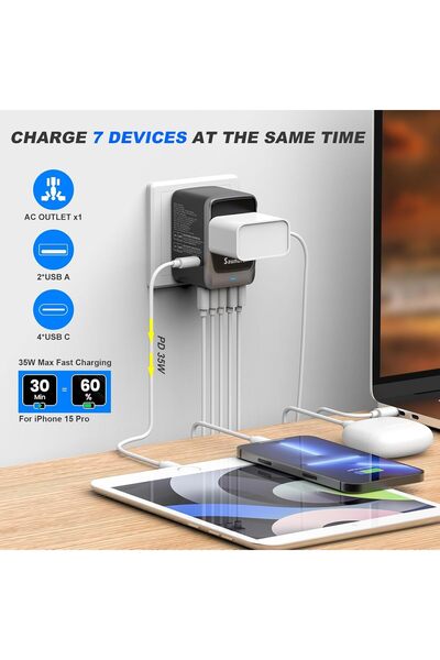 Generic محول سفر عالمي من SAUNORCH، محول طاقة دولي 7 في 1 PD 35 واط مع 4 منافذ USB-C 7.0A