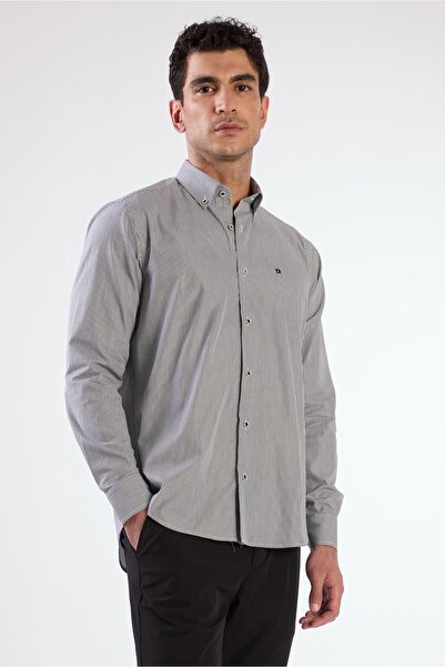 Dufy Siyah Erkek Regular Fit Çizgili Brent Yaka Uzun Kol Gömlek