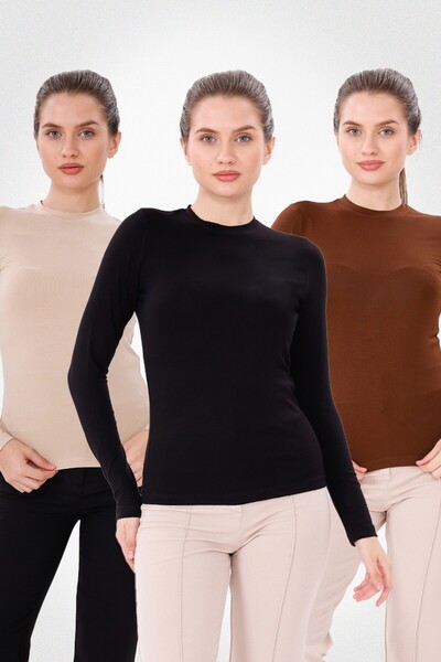 Yade Fashion Kadın Uzun Kollu Bisiklet Yaka Body 3’lü Set – Kahverengi Ekru S...