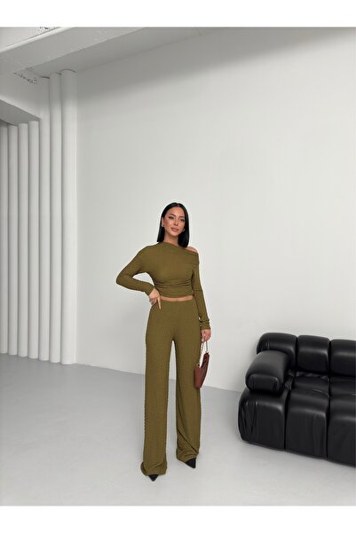 BEJNA Women's Bubble Boat Neck One Shoulder Crop Blouse Bottom Top Set