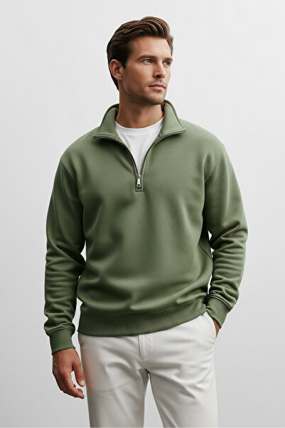 COMBİNE MİCHAİL Ανδρικό φούτερ με μισό φερμουάρ, χαλαρό χακί