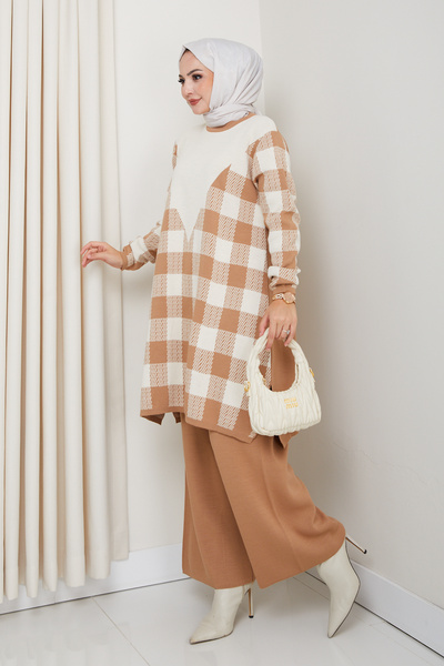 FERHEL Plaid Pattern Steel Knit Comfortable Fit Women's Tunic and Trouser Knitwear Set