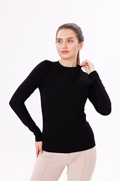 Yade Fashion Kadın Uzun Kollu Body Bisiklet Yaka - Siyah