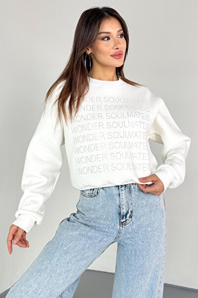 Cappmoda Swt-231 White Wonder Soulmate Is Stone Letter Printed Sweatshirt
