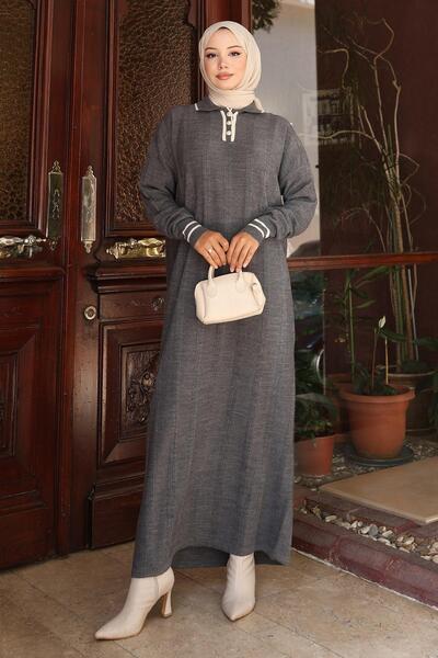 Modamihram Rochie din tricot cu detaliu cu nasturi Gri 6153