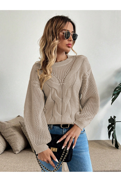 AQE FASHION Tricotaj pentru femei cu mâneci ajurate, cu guler cu model din plasă, cu gât rotund, tricotaj din păr, pulover din nurcă