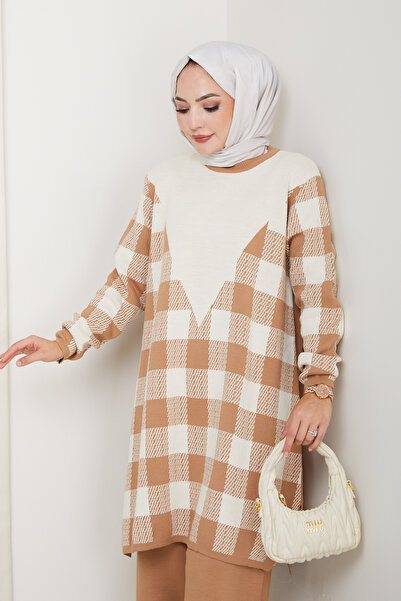 Kirazgym Σετ πλεκτό από ατσάλι με καρό σχέδιο Άνετο γυναικείο τούνικ και παντελόνι πλεκτό