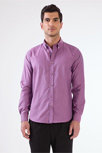 Dufy Dark Lilac Men's Slim Fit Straight Brent Buttoned Collar Long Sleeve Shirt