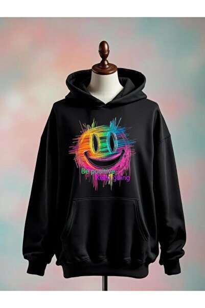 Vordevia سويت شيرت أسود كبير الحجم مصنوع من القطن بطبعة وجه مبتسمة بثلاث خيوط