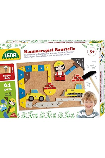LENA Construction Set with Hammer and Nails Lena, for Kids, 56 Wooden Pieces, 8 Printed Shapes, and Acces