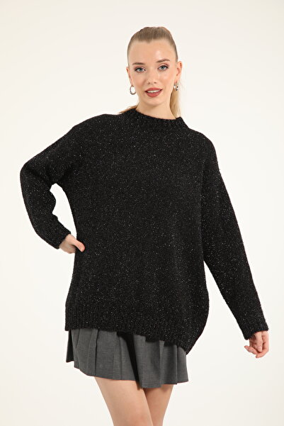 Suede Style 51114 - Şık Rahat Simli Kadın Triko Uzun Kazak