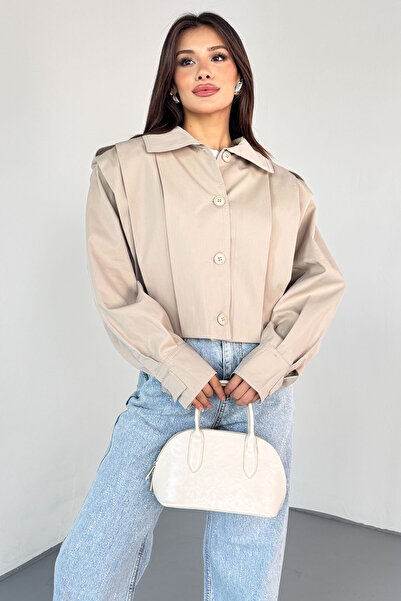 Cappmoda Ckt-12452 Cream Padded Cropped Trench Coat with Pleated Detail
