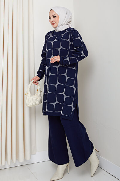 FERHEL Sparkle Pattern Steel Knitted Comfortable Fit Women's Tunic and Pants Hijab Knitwear Set