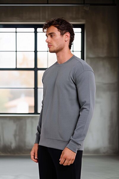 Valiberta Wenders Relax Fit Basic Brushed Interlock Crew Neck Men's Sweatshirt - Smoked