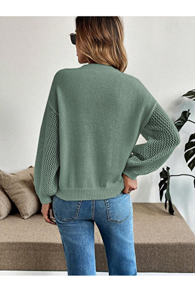 AQE FASHION Tricotaj pentru femei cu mâneci ajurate, cu model din plasă, cu gât cu decolteu, pulover din tricot, mentă