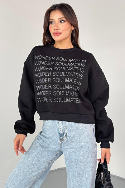 Cappmoda Swt-231 Black Wonder Soulmate Is Stone Letter Printed Sweatshirt