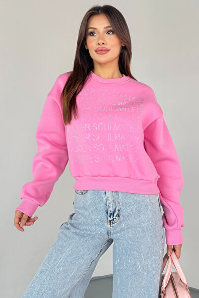 Cappmoda Swt-231 Pink Wonder Soulmate Is Stone Letter Printed Sweatshirt