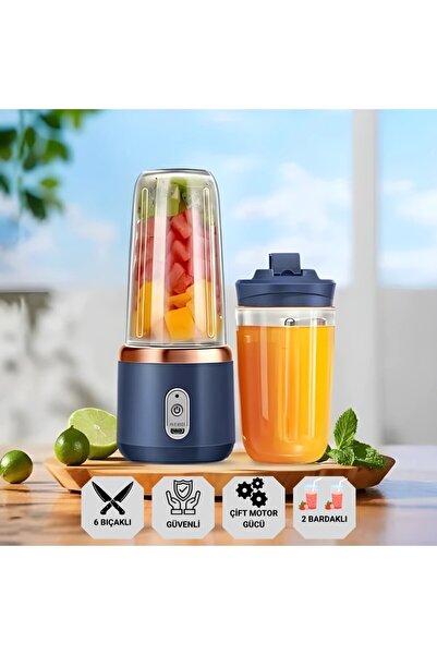 Polham 2 Bardaklı 6 Bıçaklı Çift Motorlu Ultra Güçlü Şarjlı Taşınabilir Smoothie Blender, Detoks Haz