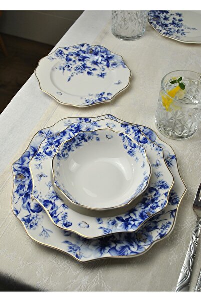 Qualitev 24 Parça 6 Kişilik Porselen Yaldızlı Yemek Takımı Mavi Çiçekli Yemek Seti -Sunrise