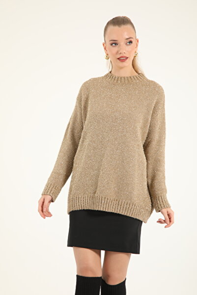 Suede Style 51114 - Şık Rahat Simli Kadın Triko Uzun Kazak