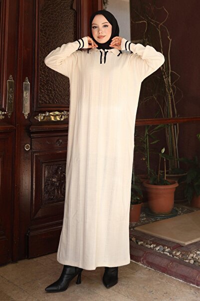 Modamihram Rochie din tricot cu detaliu cu nasturi alb 6153