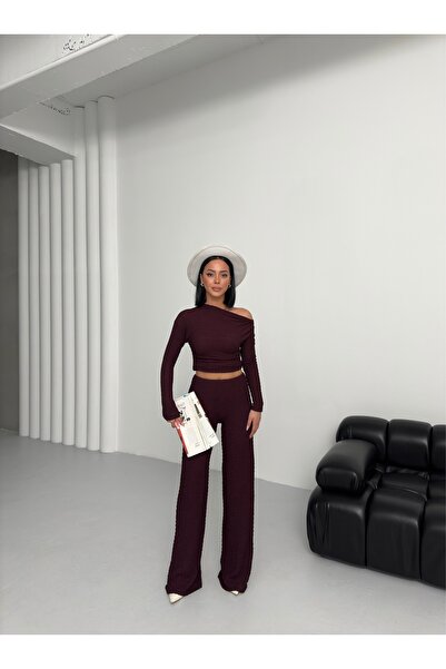 BEJNA Women's Bubble Boat Neck One Shoulder Crop Blouse Bottom Top Set