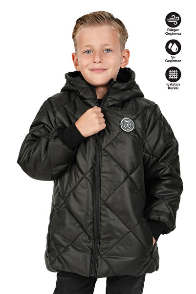 Merdia Boy's Water and Windproof Fur Lined Hooded Coat with Argyle Pattern