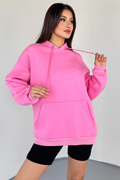 Cappmoda Swt-197 Pink Hooded Basic Sweatshirt with Kangaroo Pocket