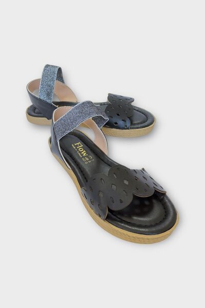 Liger Women's Single Strap Rubber Detailed Laser Cut Summer Sandals Black