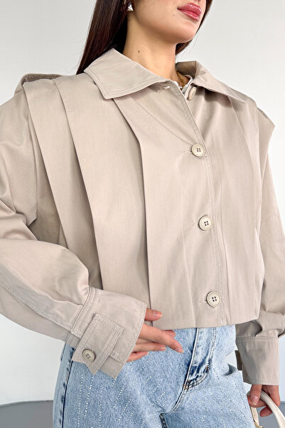 Cappmoda Ckt-12452 Cream Padded Cropped Trench Coat with Pleated Detail