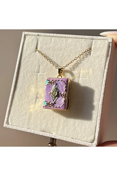 Vintagezegeni Çİft Fotoğraflı Mor Mineli Kitap Kapaklı Kolye (1,8 cm)