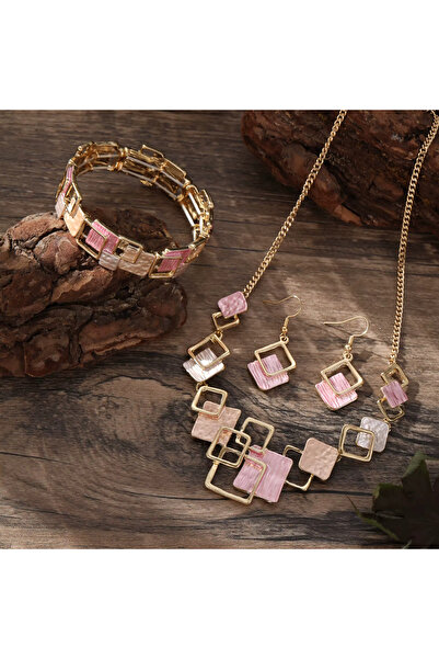 İnci Mercan Bujiteri Renkli Yağlı Boya Geometrik Kare Mineli Takı Seti ( Bileklik - Kolye - Küpe)