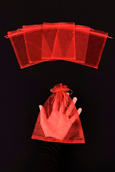 ZEYMERADE Kırmızı Organze Şeffaf Tül Kese, 50 Adet Ölçü 17x23cm, Hediye Gelin...
