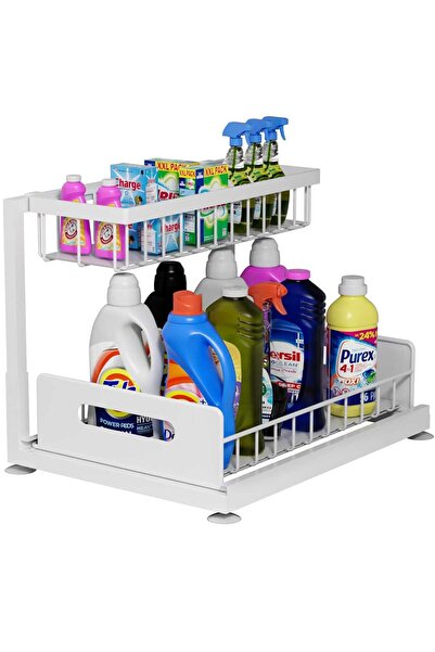 Elindor ® 2-Tier Sliding Metal Drawer Organizer for Cabinet, Under Sink or Countertop, White