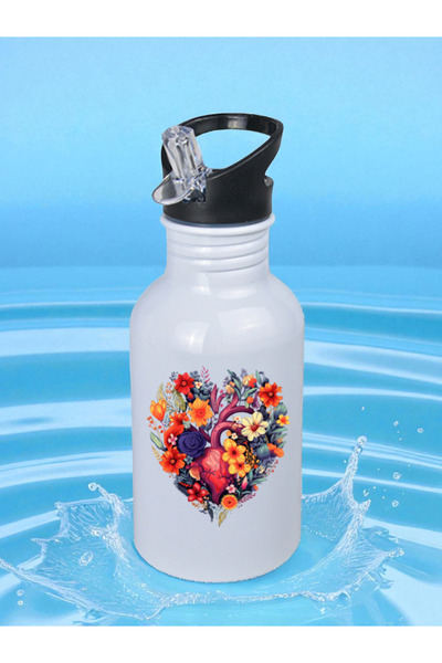 lili hediyelik Floral Heart Flask 600 ml - Children's Water Bottle, Children's Water Flask