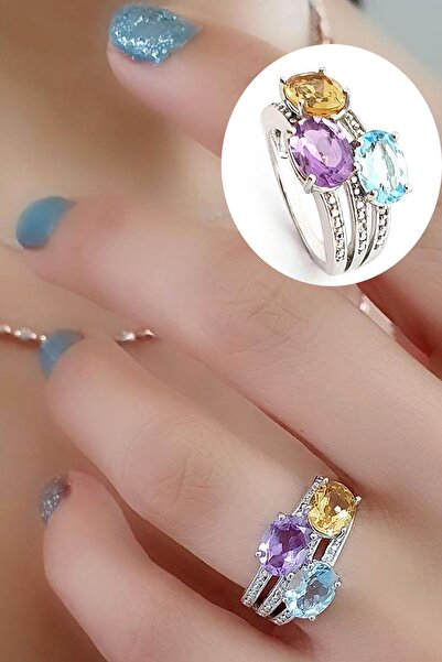 OSESHOP Sky Diamond Taşlı Sitrin Ametist ve Aquamarin Taşlı 925ayar Gümüş Üze...