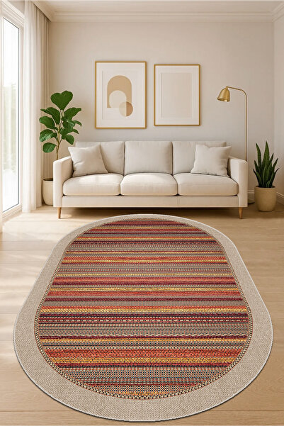 MUA HOME DECOR Oval Geometrik Dijital Baskı Yıkanabilir Kaymaz Taban Salon Mu...