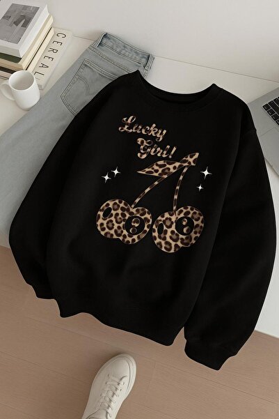 BENROMA Hanorac unisex cu imprimeu LUCKY GIRL din bumbac pieptănat cu 3 fire