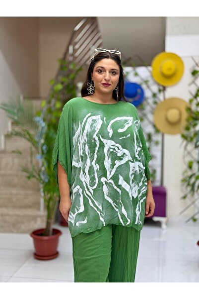 Punta Otantik Vl3009 Bat Sleeve Printed Voile Blouse Khaki