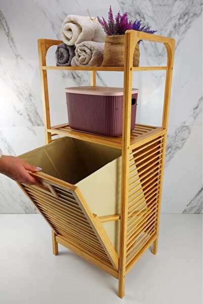 Duffa Bambu Çamaşır Sepeti Ve Banyo Raflı Düzenleyici Banyo Dolabı Büyük Boy Kumaş Sepet