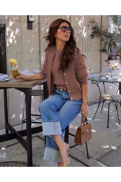 TRQOM Γυναικεία μπλούζα με σχέδιο πλεξούδας και ζακέτα με κουμπιά δύο τεμαχίων σετ κανέλα